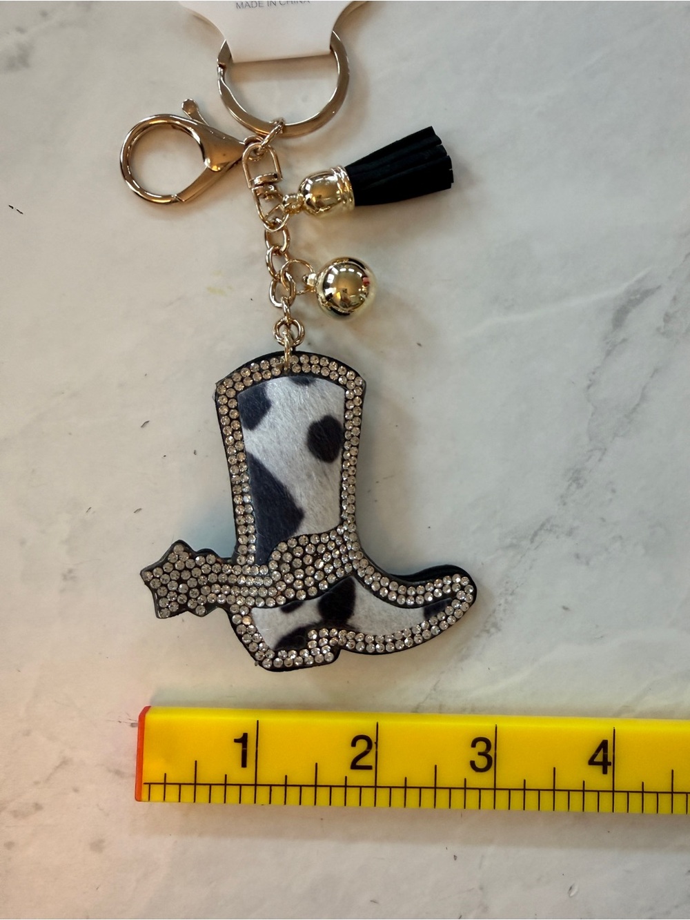 ✨ Giddy Up! Western Rhinestone Black & White Cowhide Cowboy Boot Puffy Keychain - Picture 4 of 7
